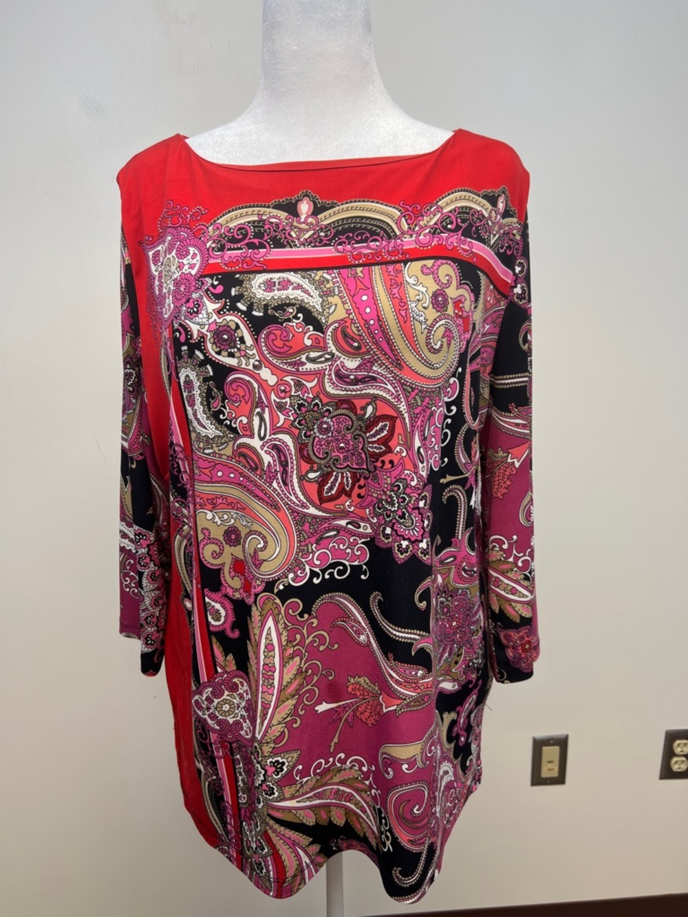 JM Collection Pink and Red Taupe Black Paisley  3/4 Sleeve Top Petite XL